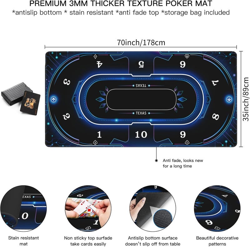 AQQA 70 x 35 Inch Poker Mat, 8-10 Players Texas Hold'em Poker Rubber Mat Poker Topper for Tables, Table Top Mat with Playing Cards - Deluxe Playing mat for Casino Night - Image 3